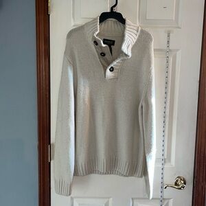 Eddie Bauer-L-tan-alpaca blend, pullover, 1/4 button down sweater arm logo patch